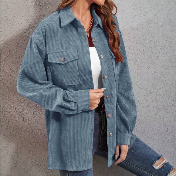 Boho dusty blue button down corduroy shirt - Picture 12 of 16